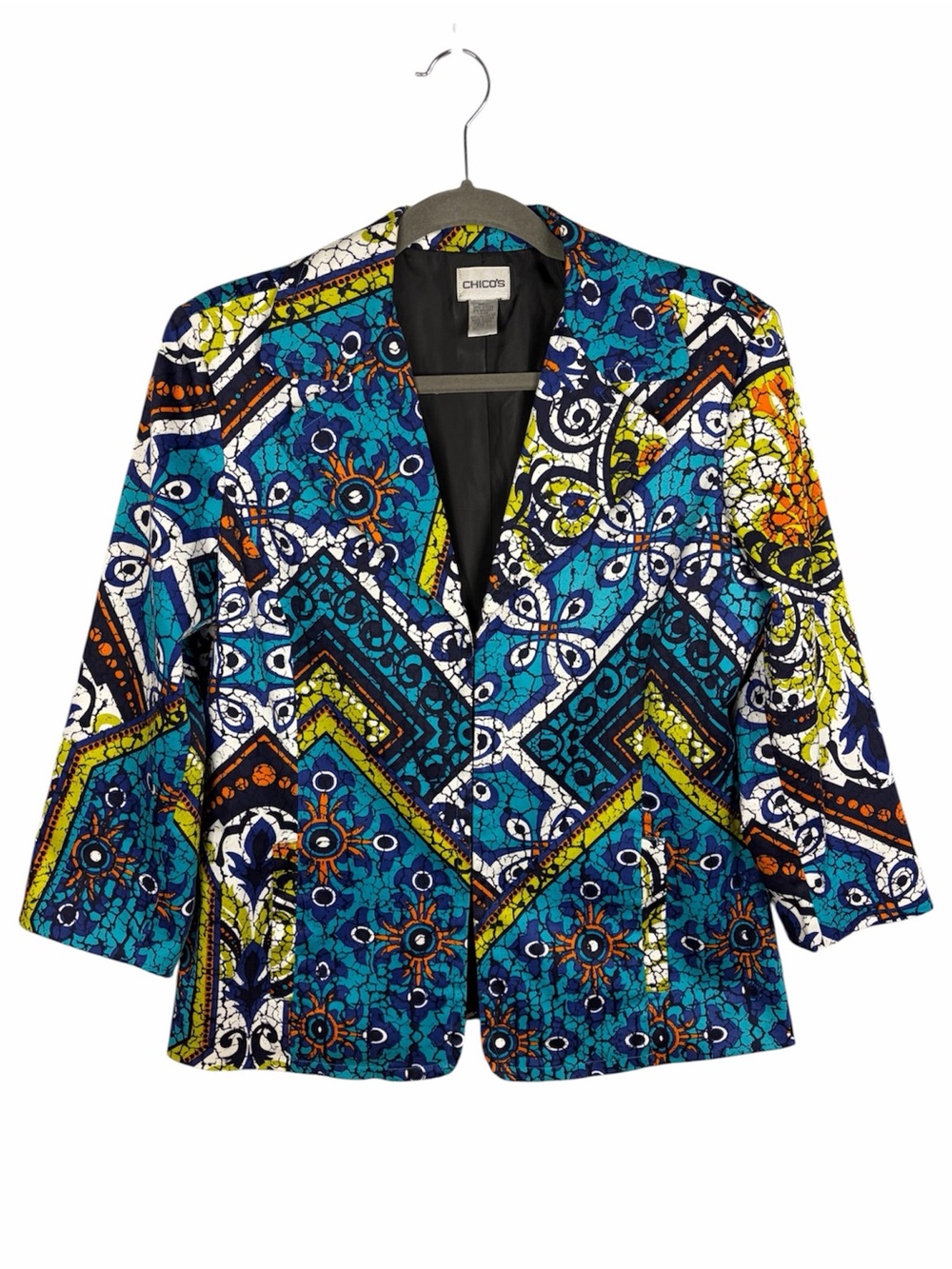 Chico’s Abstract Batik Print Blazer Jacket Size 1 Padded Shoulder